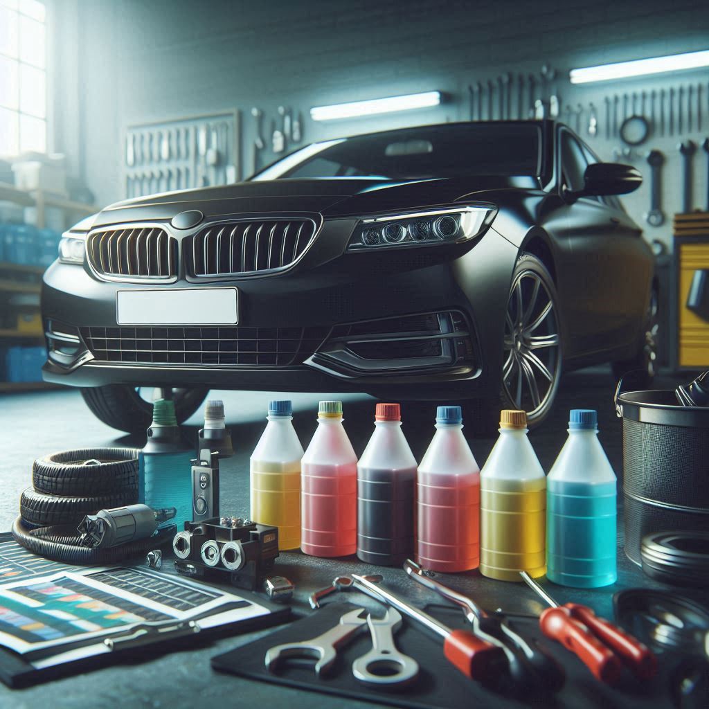 1920x1080 photo of a real car and plastic bottles with color-coded coolant in a workshop